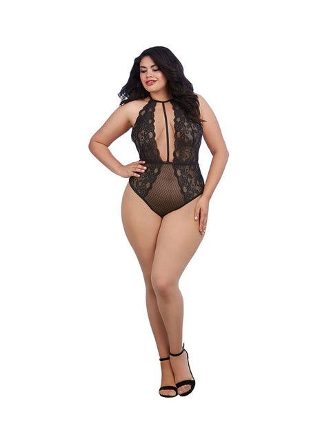 Black Stretch Lace Teddy with Plunge Front