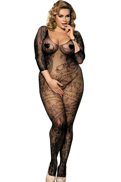 All Over Pattern Bodystocking With 3/4 Sleeves