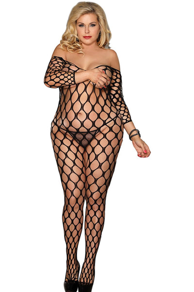 All Over Holey Bodystocking With 3/4 Sleeves