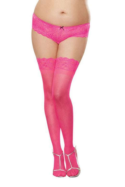 Plus Size Silicone ToppedLace Top Sheer Hold Up Stockings (Neon Pink)