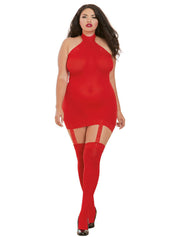 Red Sheer Halter Garter Dress with Lace Trim