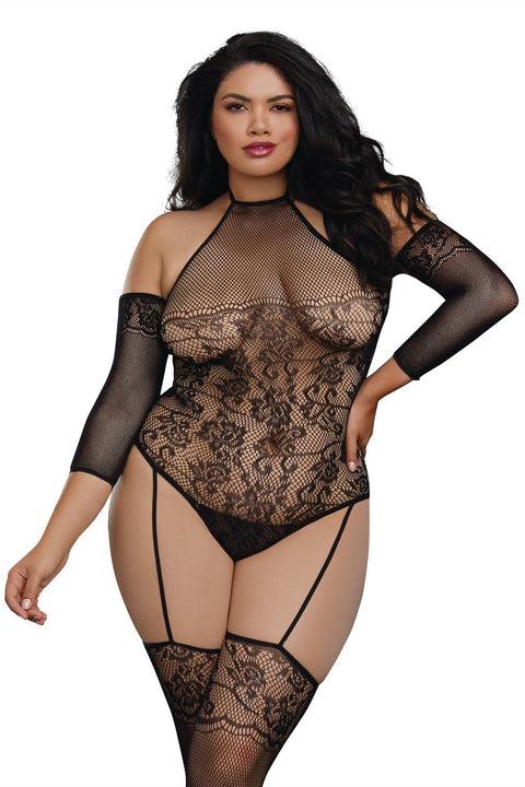 Plus Size Fishnet Teddy with 3/4 Length Sleeves