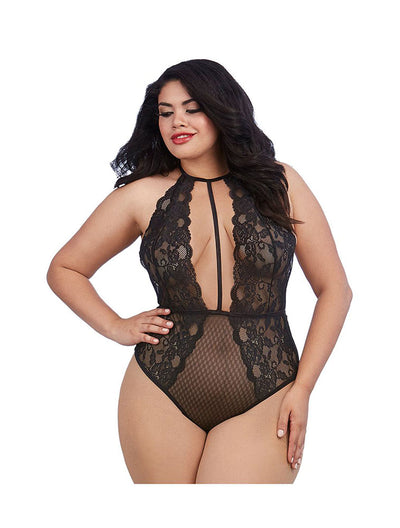Black Stretch Lace Teddy with Plunge Front