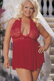 Stretch Mesh And Lace Babydoll With Bow (Red)  | BigSmalls&trade;