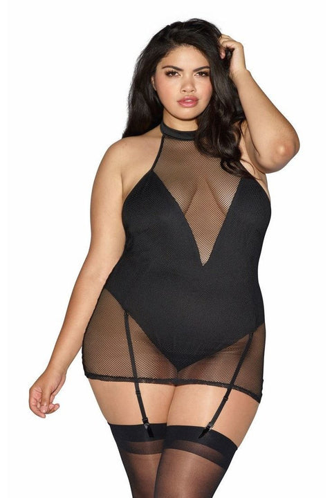 Plus Size Snap-Crotch Layered Fishnet Chemise