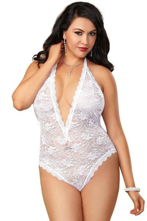 Halter Stretch Lace Teddy with Heart Cut-Out
